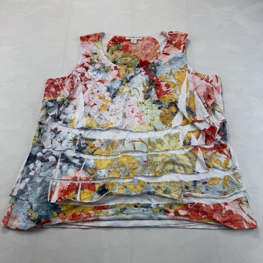 Coldwater Creek XL 16 Floral Ruffle Tiered Sleeveless Blouse Top Made USA